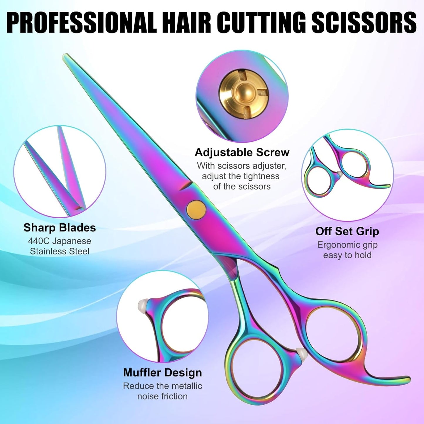 Hair Cutting Scissors Set, Professional Haircut Scissors Kit with Cutting Scissors Thinning Scissors for Barber/Salon/Home/Men/Women/Kids/Adults(Rainbow)