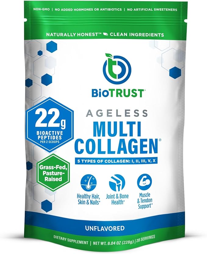 BioTrust Ageless Multi Collagen Peptides Powder – 5 Types (I, II, III, V, X) – Unflavored Collagen Powder for Women & Men – Hydrolyzed Protein – Grass Fed Beef, Fish, Chicken, Eggshell Membrane