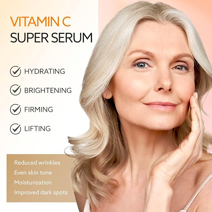 Super Vitamin C Serum for Women Over 70: Vitamin C Vitamin E Hyaluronic Acid Caffeine Hydrating - Hydrates Firms Lifts Smooths Targets Age Spots Wrinkle - All In One Formula for Mature Skin 30ml