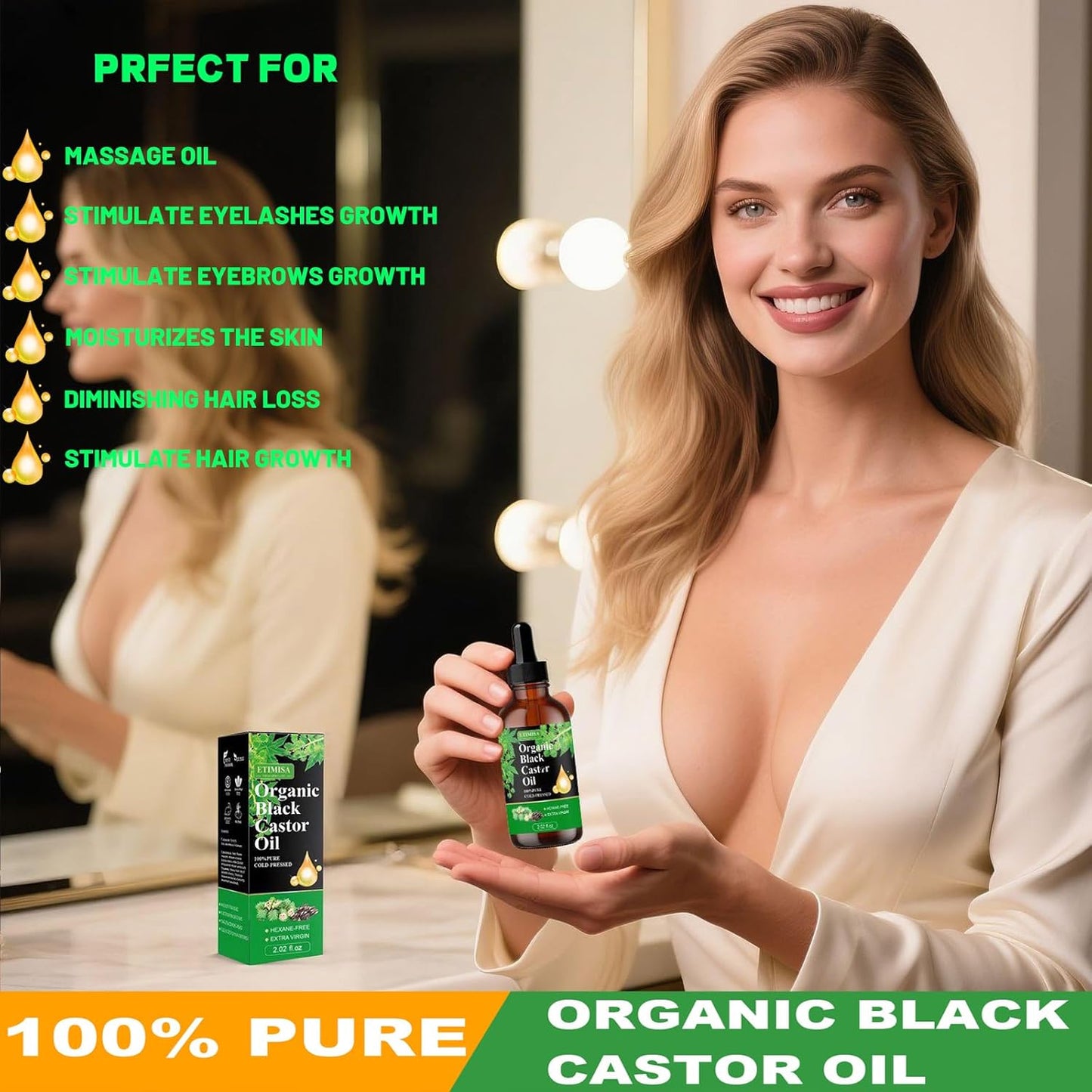Organic Black Castor Oil,100% Pure Natural ,Cold Pressed, Glass Bottles, Hair,Eyebrow Care, Skin Care, Castor Oil for Body & Carrier Oil