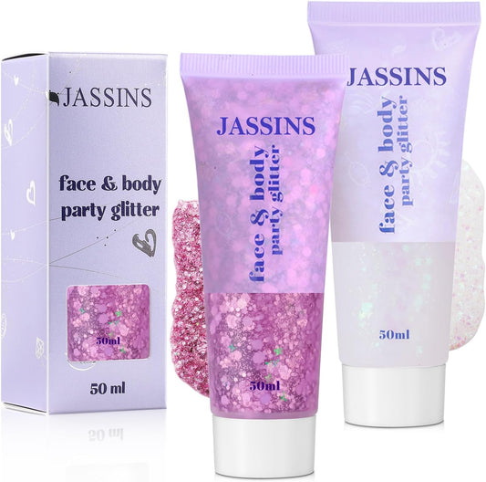 JASSINS 2PCS Body Glitter, 100ml Pink and White Face Glitter for Women Girls Kids, Glitter Gel Makeup Tween Gifts, Singer Concerts Festival Rave Accessories, Chunky Mermaid Sequins Glitter