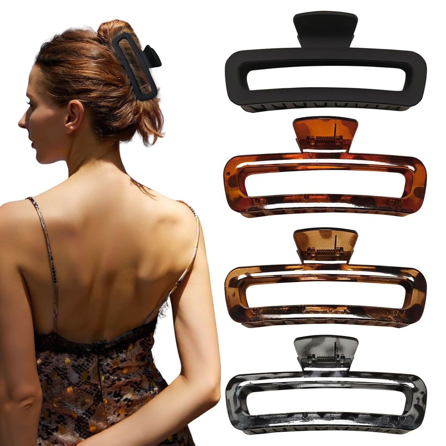 5 Inch Large Hair Claw Clips, No Slip Matte & Glossy Unbreakable Square XL Hair Clips for Thick Long Curly Hair, Women's Big Rectangle Strong Clips, 4 Pack