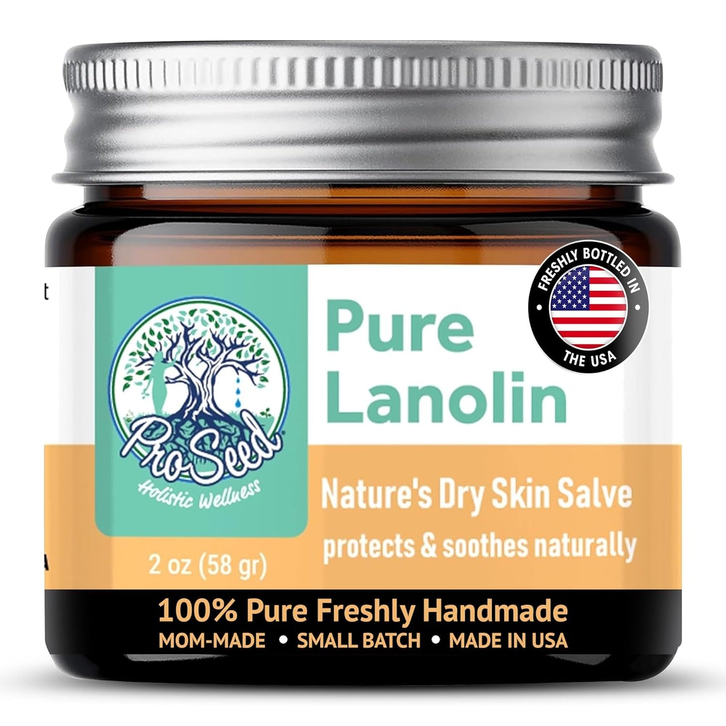 ProSeed Handmade Pure Lanolin Balm – US Pharmacopeia Grade for Moms, Babies & Skin Essentials – Single Ingredient Moisturizer for Dry, Sensitive Skin – Glass Jar, 2oz