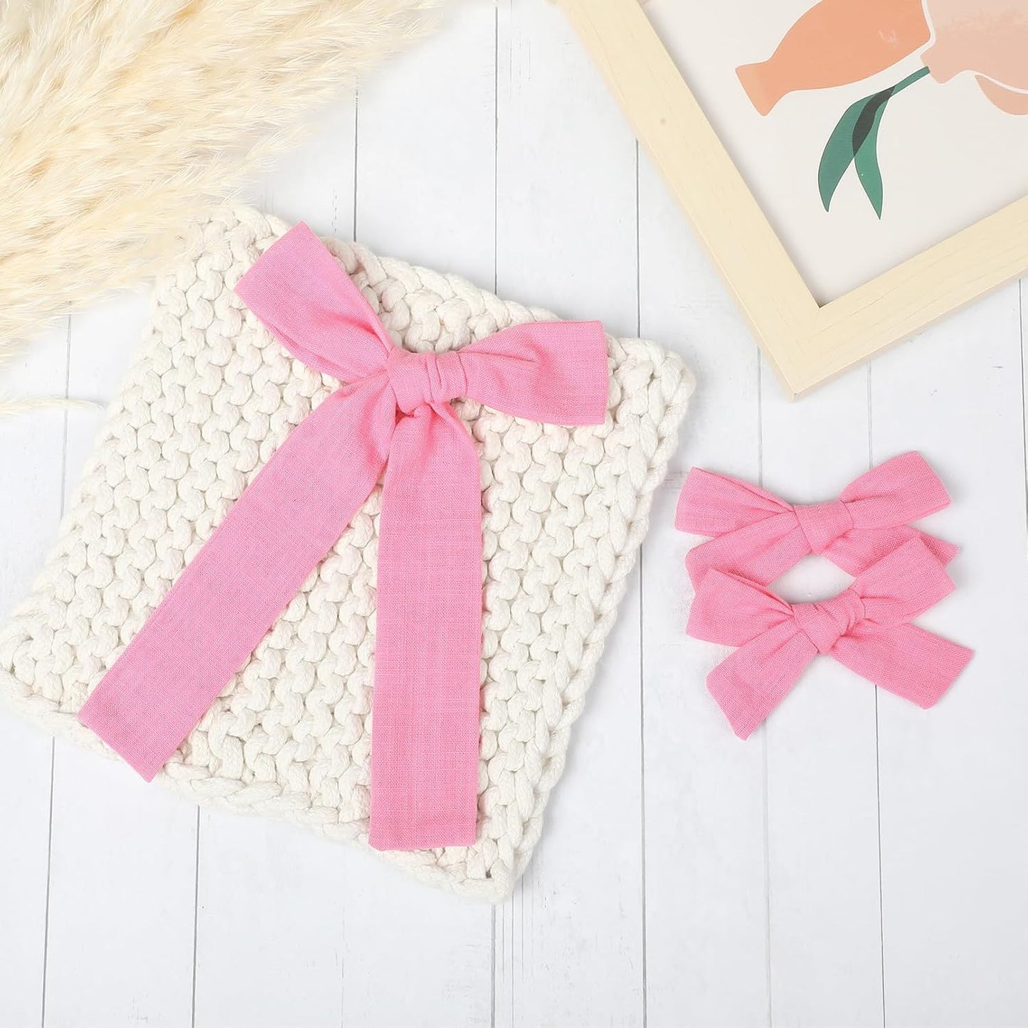 DEEKA Hot Pink Cotton Linen Hair Bows 2 Sizes 5"&3.5" Soft Hair Bow set for Toddler Girls Long Ponytail Knot Bows Alligator Clip Hair Accessories for Little School Girls (Hot Pink)