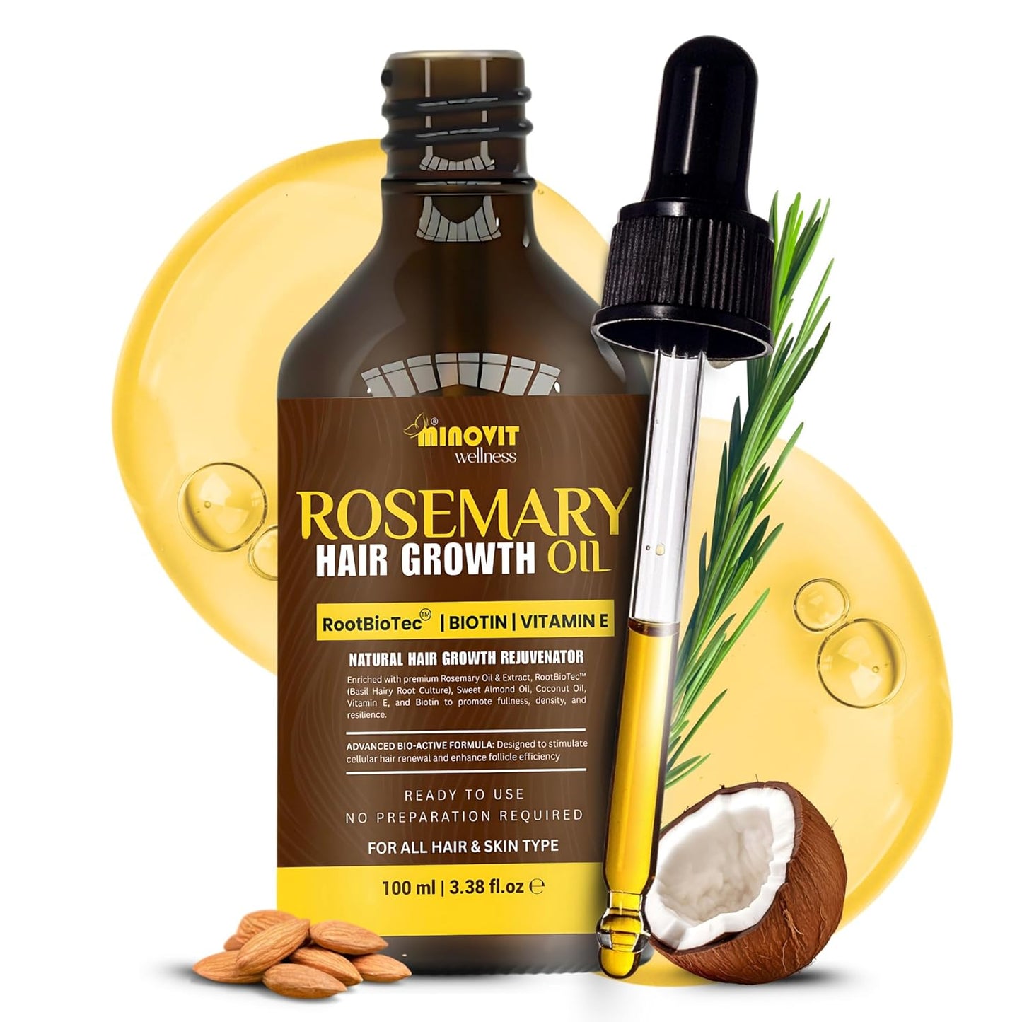 Rosemary Oil For Hair Growth (3.4 Fl Oz) Infused With Biotin, Vitamin E, Almond Oil & Coconut - Hair Strengthening, Nourishing & Volumizing