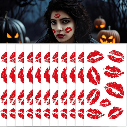 12 Sheets Kiss Tattoos Temporary Stickers, 108 Pcs Red Kiss Lip Print Waterproof Fake Tattoo for Women Girls Kids Face Body Halloween Valentine Gifts, Vampire Makeup, Party Favors, Decorations