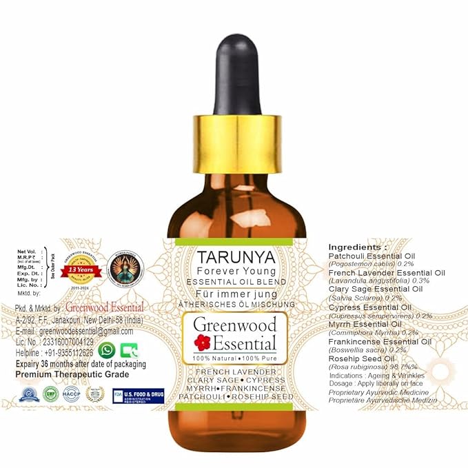 Tarunya - Forever Young - Anti Ageing Blend of Patchouli, Cypress, Clary Sage, Myrrh, Frankincense, French Lavender Essential Oils in Chilean Rosehip Oil 15ml (0.50 oz)