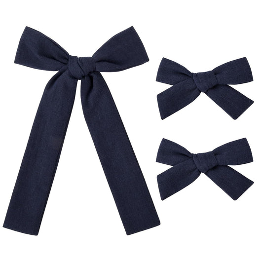 DEEKA Navy Cotton Linen Hair Bows 2 Sizes 5"&3.5" Soft Hair Bow set for Toddler Girls Long Ponytail Knot Bows Alligator Clip Hair Accessories for Little School Girls (Navy)