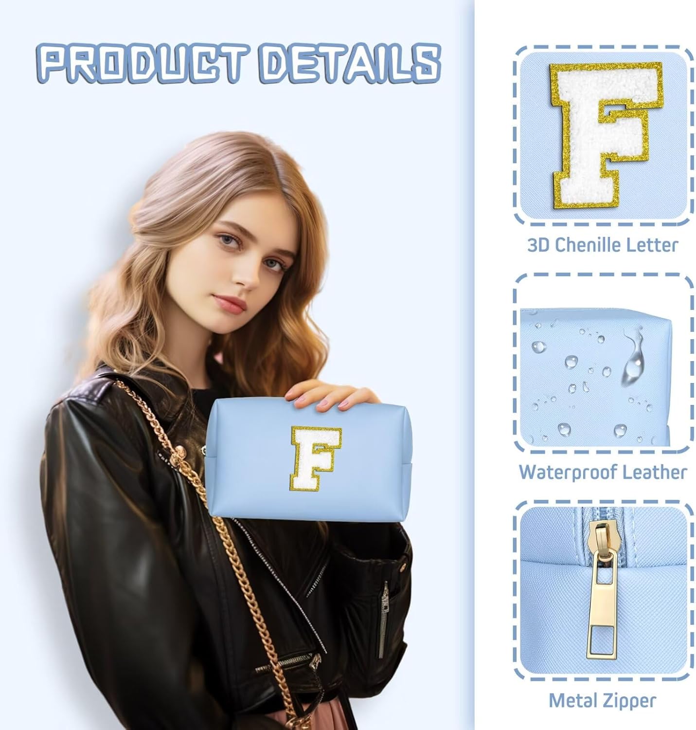 TOPEAST Preppy Patch Makeup Bag, Chenille Letter Pouch Cosmetic Bag, PU Leather Waterproof Toiletry Bag, Personalized Birthday Gift for Women Girl, Cute Stuff for Girls (Sky Blue B)