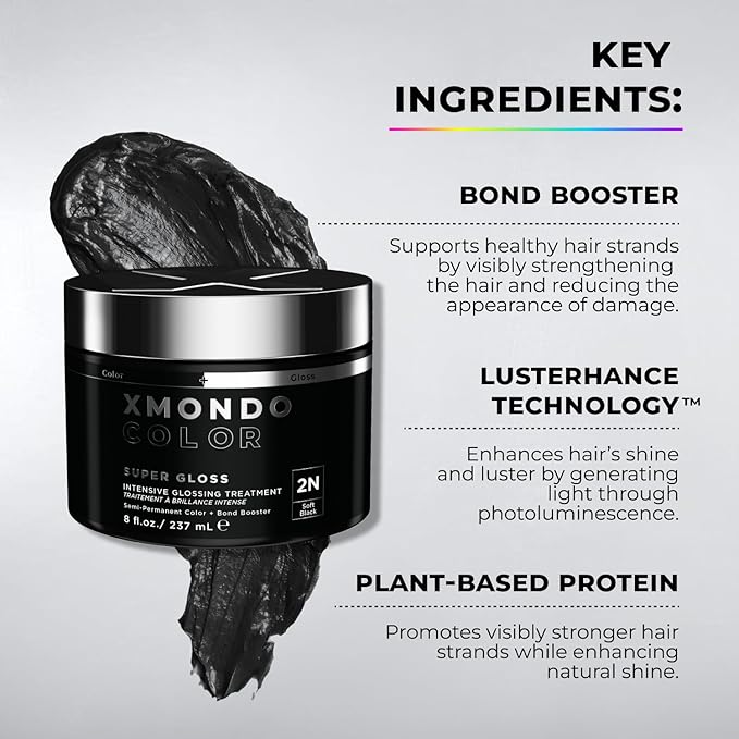 XMONDO Color Soft Black Color Depositing Mask & Semi-Permanent Hair Dye Super Gloss Infused with Bond Boosters for Nourishment, Revitalize & Repair, Vegan Formula, 8 Fl Oz