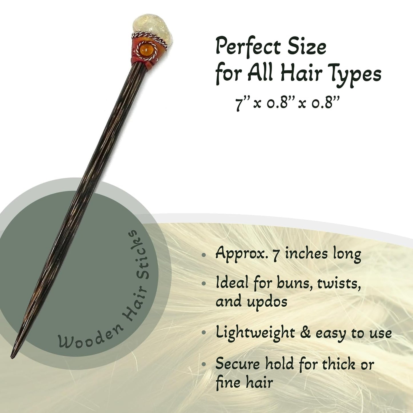 Mia Jewel Shop - Natural Tumbled Healing Gemstone Crystal Chonta Wooden Hair Sticks – Handmade Hair Sticks for Women | Hair Pins Boho Reiki Accessories, Fashion Gifts (Yellow Citrine)