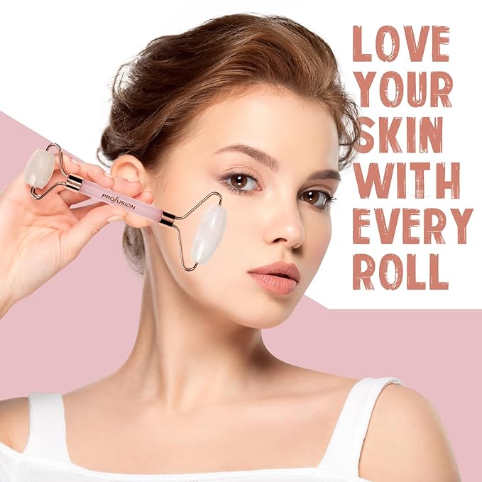 Profusion Cosmetics Rose Quartz Forever Facial Roller, Dual-Ended Stone Face Massager for Stress Relief, Remove Wrinkles, Dark Circles and Puffiness