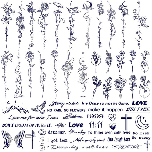 CHARLNET Semi-Permanent Tattoos for Adult - 2 Weeks Long Last Small Flower Words Tattoos for Women Men Hand Neck Body/Fades Naturally/No Reflection/Waterproof/Realistic, Minimal Line Art