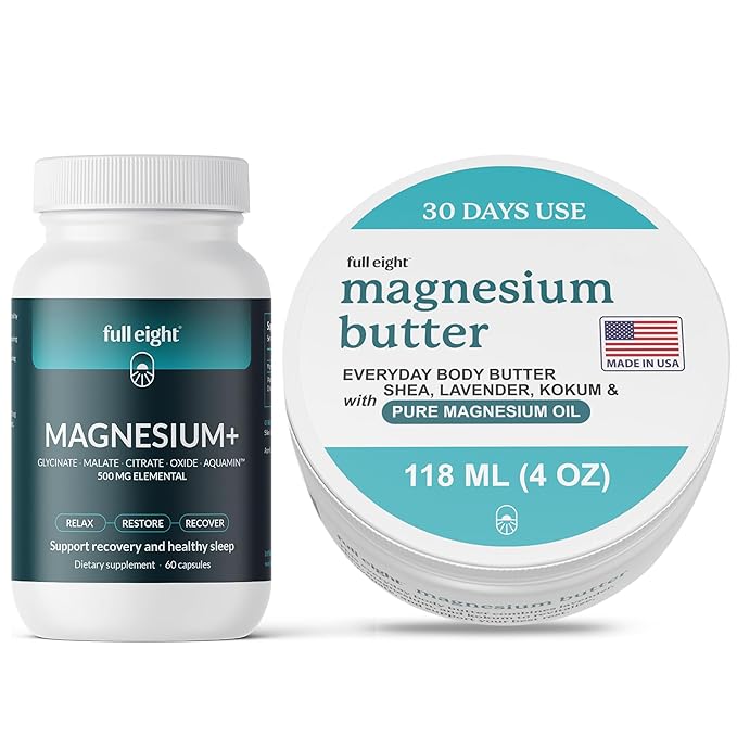 Organic Magnesium Body Butter 4oz & Magnesium+ Complex 60 Capsules Bundle - Quick Ease for Muscle Fatigue- Topical Rub & High Potency Supplement for Ease, Made in USA