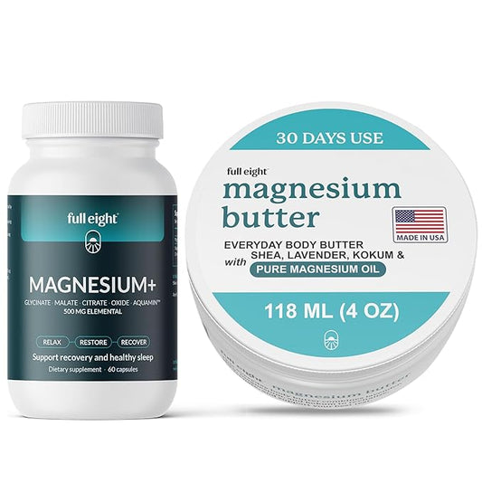 Organic Magnesium Body Butter 4oz & Magnesium+ Complex 60 Capsules Bundle - Quick Ease for Muscle Fatigue- Topical Rub & High Potency Supplement for Ease, Made in USA