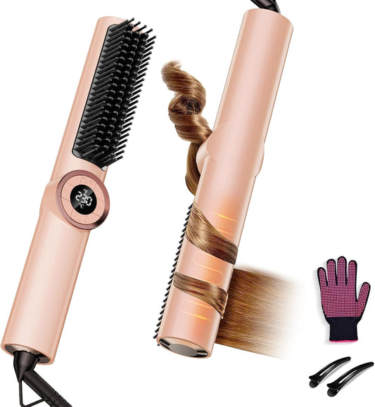 Hair Straightener Brush Portable: Ionic Curling & Straightening Brush with Fast Heating, Reduce Damage & Anti-Scald, Gold