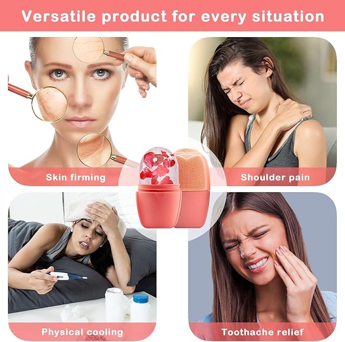 KOGITI Face Ice Roller & Mold - Beauty Facial Massage Tool for Puffiness Relief, Ice Cube Holder (Pink)