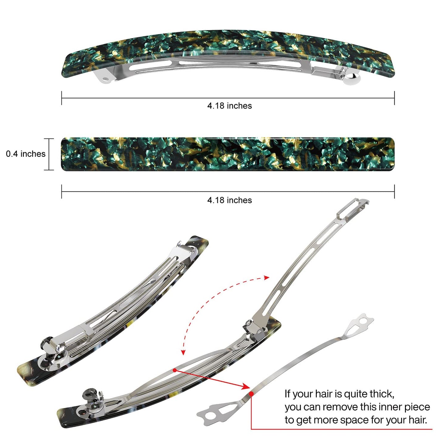 Long French Barrettes for Women Thin Thick Hair - Large 4 Inch Hair Clips Ponytail Clamp - Stylish Hair Accessories - 3Pcs (Black, Brown, Green)