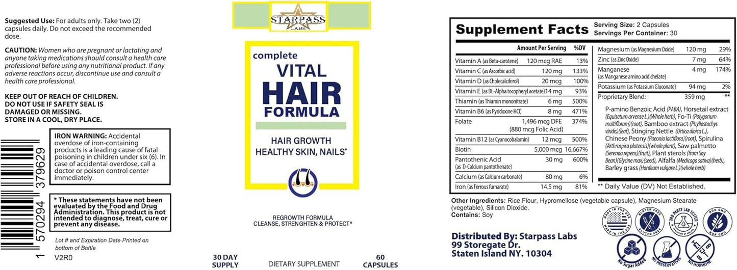 #1 Hair Formula Healthy Vitamins for Men & Women | Nutrients Needed for Hair Growth, Maintain Healthy Skin & Nails, Biotin & More 60 Capsules