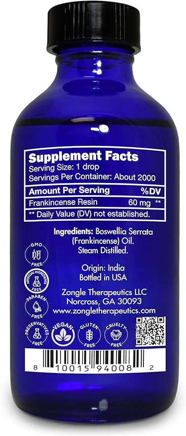 Frankincense Essential Oil, Food Grade, for Face, Pain Relief – 100% Pure, Frankincense, Resin, Oil, Boswellia Serrata, Edible, by Zongle Therapeutics, 4 OZ