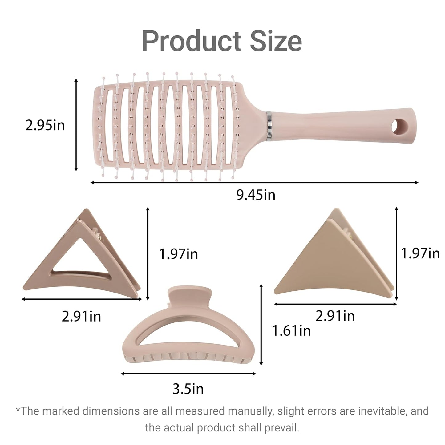 Neutral Tones Hair Accessories Set - 9 Medium Hair Clips (Arched & Triangle), 1 Hair Brush | Non-Slip Hair Clips for Thin Hair (Soft Pink, Beige, Brown)