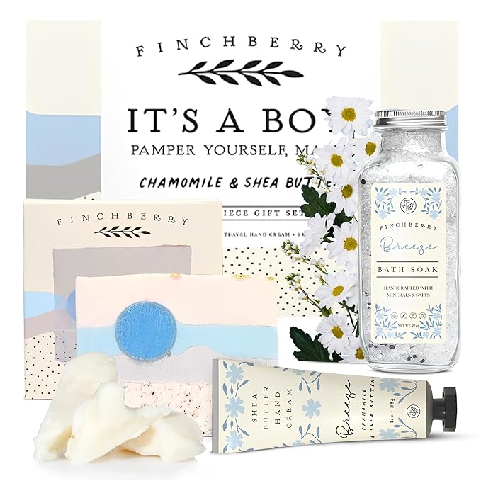 FinchBerry 3-Piece Gift Set – It’s A Boy! Baby Boy Shower Gift, New Mom Care Package & First-Time Mom Gifts! Includes Handmade Shea Butter Soap (4.5oz), Bath Soak (20oz) & Nourishing Hand Cream (1oz)