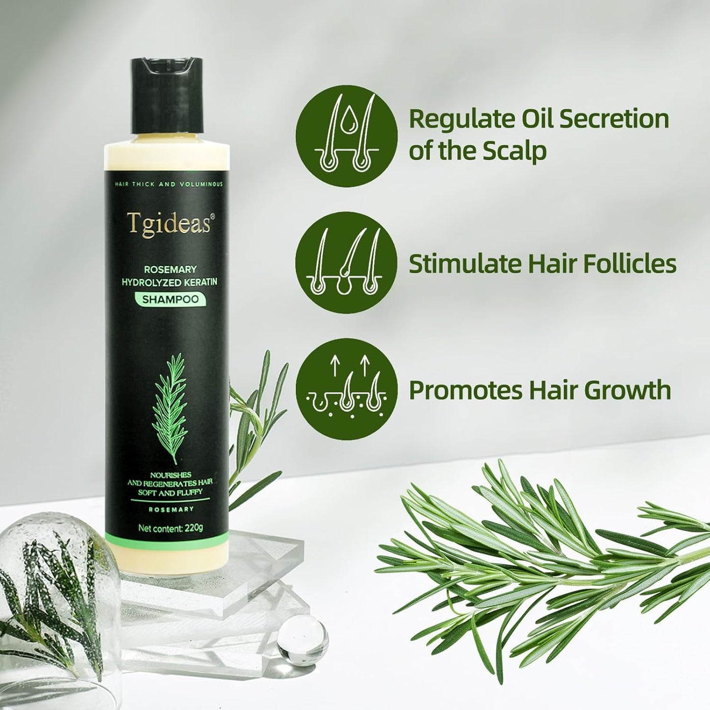 Tgideas Organic Rosemary Hair Growth Shampoo for Women and Men-Natural Thickening & Strengthening Shampoo with Hydrolyzed Keratin for Thinning Hair & Hair Loss 7.4 fl.oz
