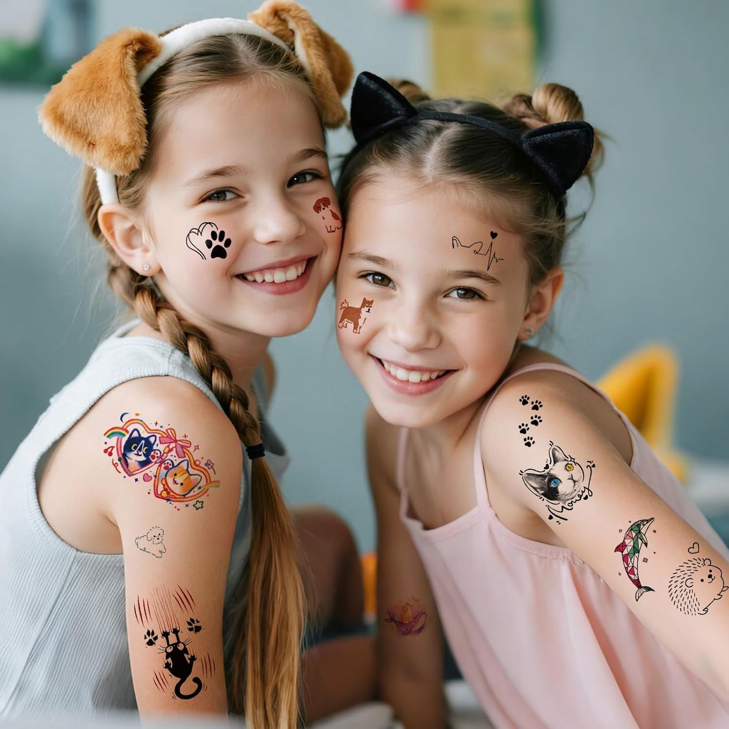 77 Sheets Temporary Tattoo, 17 Sheets Half Arm Cute Cat Dog Rabbit Lion Elephant Chest Tattoos for Adults Men Women, 60 Sheets Small Tattoos Stickers for Boys Girls Kids Body Art