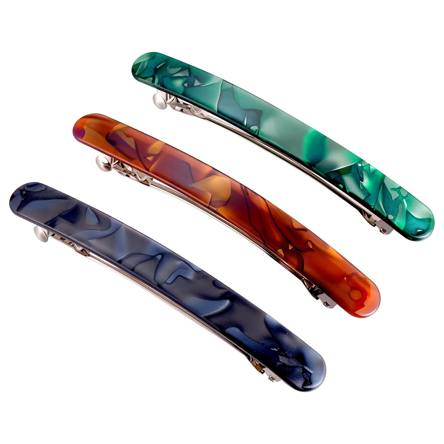 4 Inch Large Hair Barrettes for Women - Strong Hold French Clips for Thick/Thin Hair, Tortoiseshell Acetate Accessories for Ponytail, Half-Up Hairstyles - 3 Pack (Brown, Green, Grey Black)