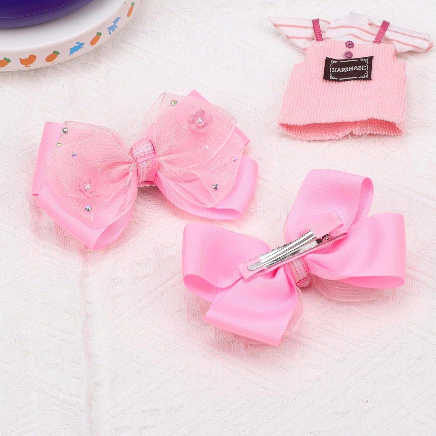 KISZU 4.5 Inch Flower Hair Bow Clips, Organza Bows with Pearls Big Hair Accessories for Baby Girls Kids Children Teens and Women (Hot Pink)