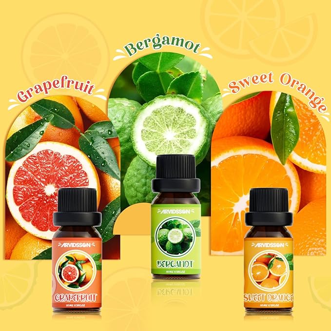 Citrus Essential Oils Set, ARVIDSSON Fresh Fruit Essential Oil for Diffuser, Premium Fragrance Oils, Grapefruit, Bergamot, Sweet Orange, Lemon, Lime, Pineapple, Citrus Scented Oils Gift Set
