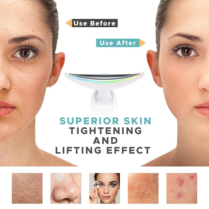 Facial Neck Massager Portable Charging Dock - 3 Heat Settings, Vibrating Face Massage, 9-Color LED Light & 72Hrs Battery | Home Spa Travel Skincare - White