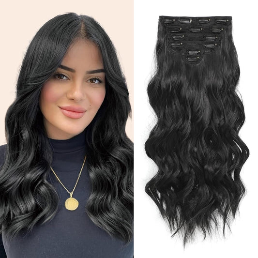 Synthetic Clip in Hair Extensions, 6 PCS 1 6 Inch Hair Extensions Clip Ins, Black Long Wavy Hairpieces(16inch, 6pcs, Black)