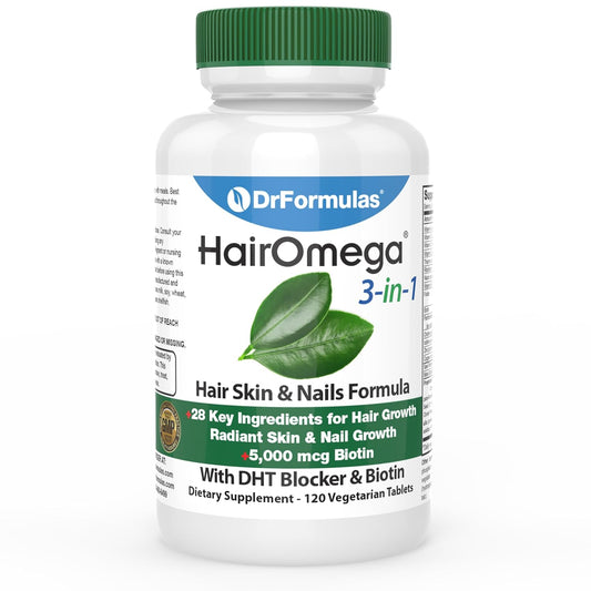 DrFormulas HairOmega 3-in-1 Hair Growth Vitamins with DHT Blocker, Biotin for Women & Men | Hair Skin and Nails Supplement for Hair Loss, 120 Pills