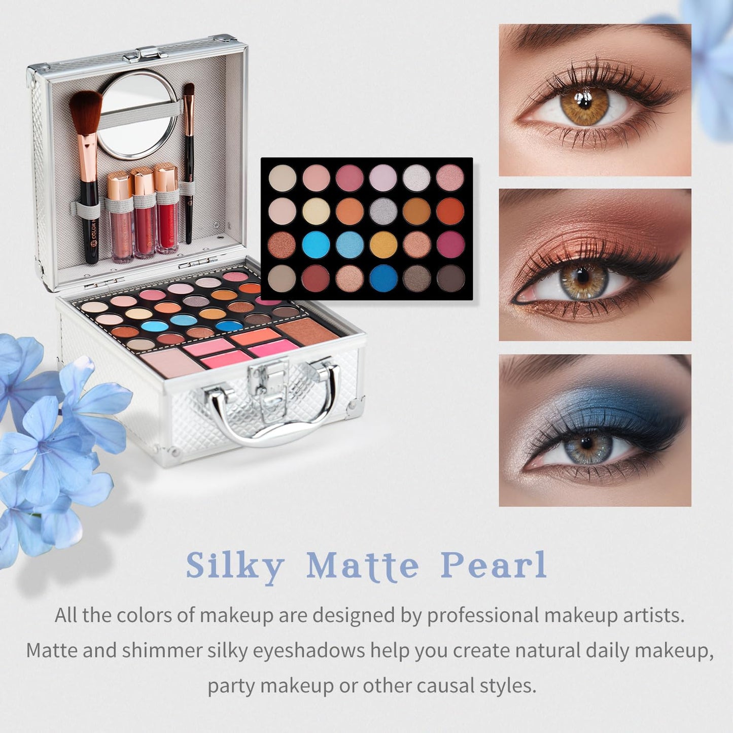 Color Nymph Beginner Makeup Kit For Teens With The Small Cosmetic Train Case Included 24-Colors Eyeshadow Palette Blushes Bronzer Highlighter Lipstick Brushes Mirror(Silver)