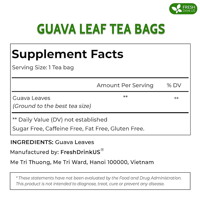 FreshDrinkUS, Premium 35 Guava Leaf Tea Bags, 100% Natural & Pure from Guava Leaves. Loose Leaf Guava Herbal Tea. Guava Leaf Tea. No Sugar, No Caffeine, No Gluten, Vegan.