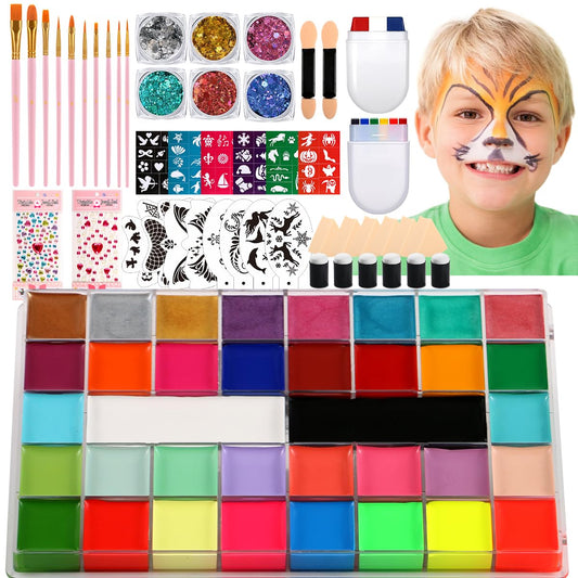 Face Painting Kit Professional Face Body Paint Oil Palette 36 Colors Include 8 UV Glow Colors Brushes Glitter Gel Sponges Facepaint Sticks Gems Stickers For Kids and Adult