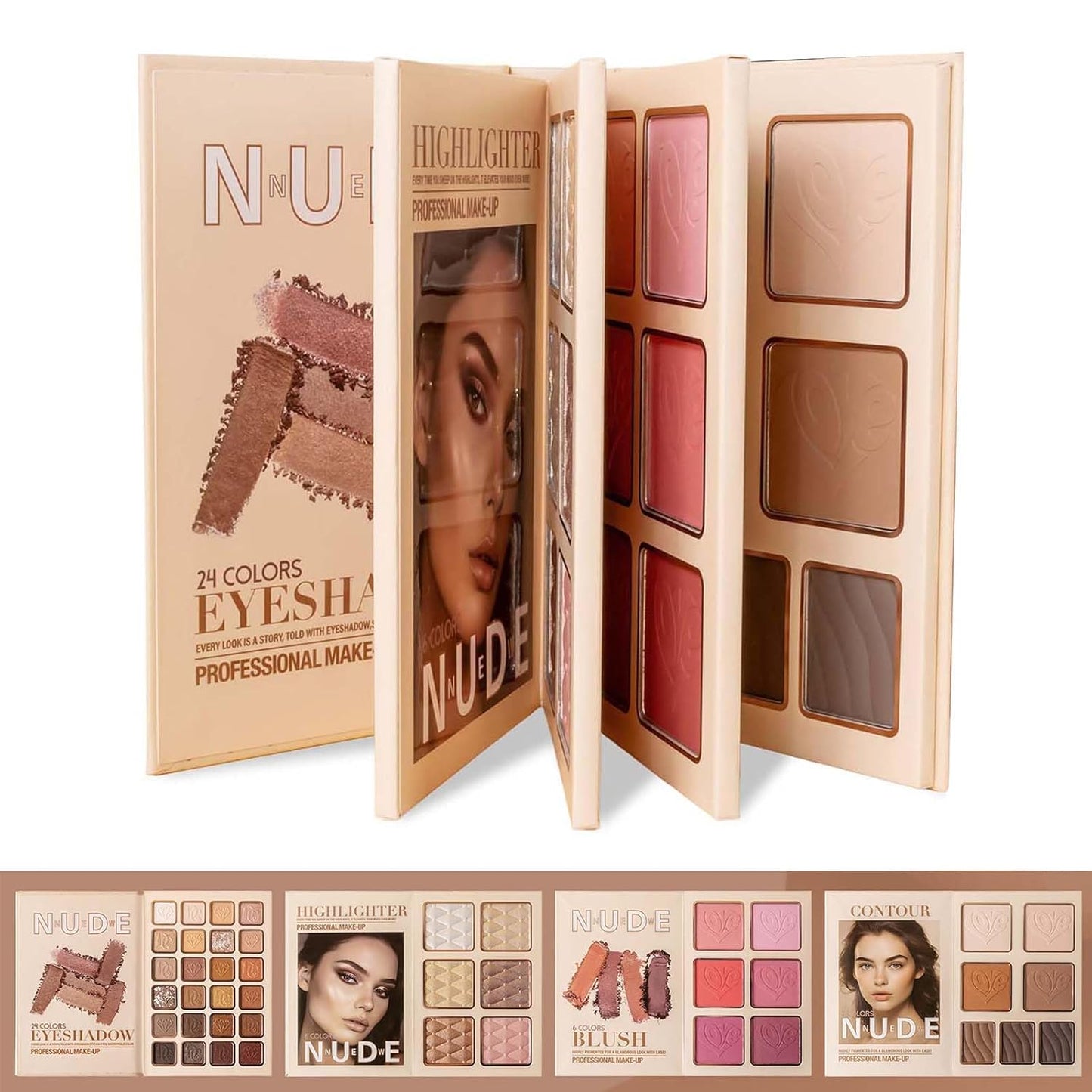 Makeup Palette,Eyeshadow & Highlighter & Blush & Contouring,4-Layer Book-Style Foldable Makeup Palette Set,Matte Glitter Metallic Shimmer, Highly Pigmented Long Lasting Make Up Pallet(43 Colors)