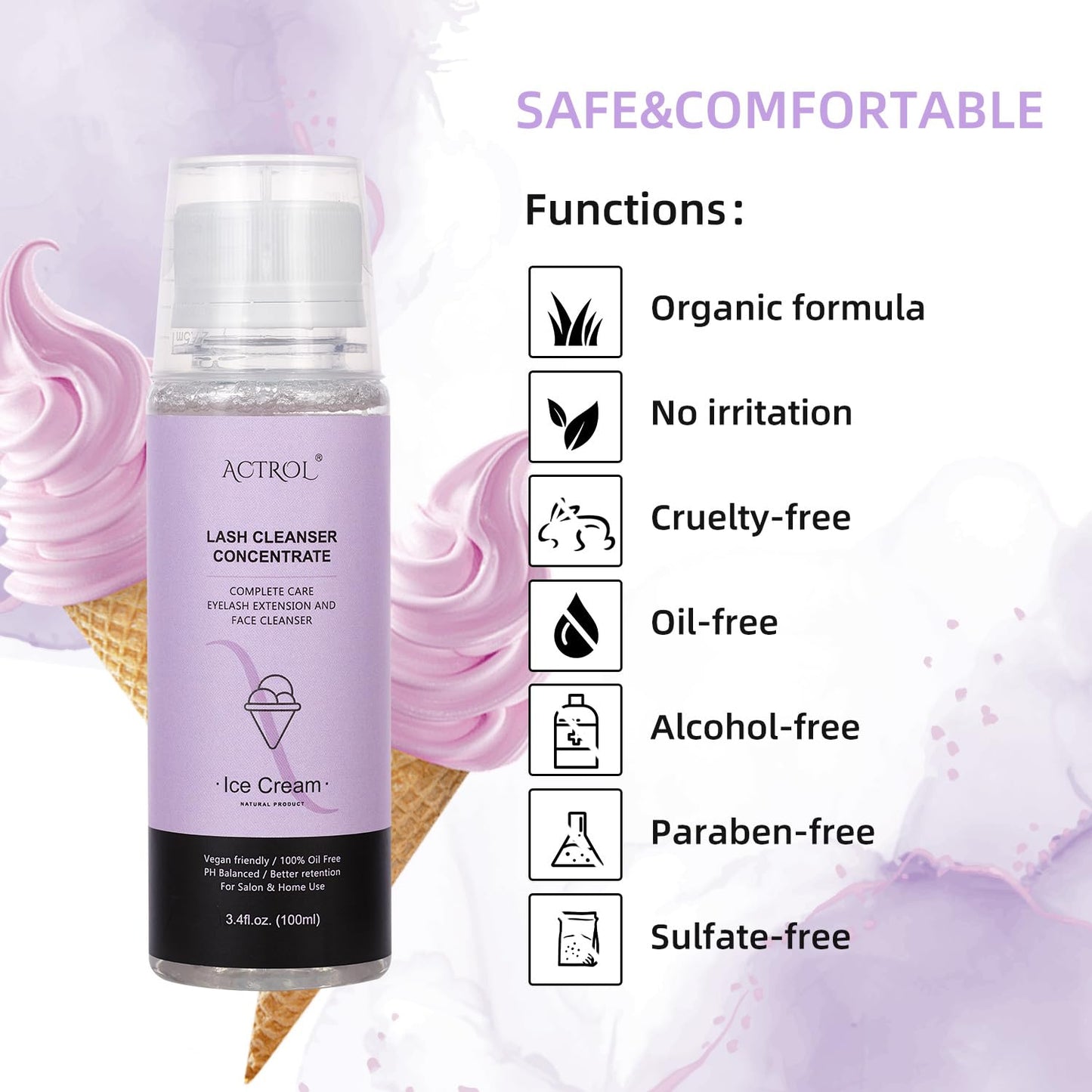 Eyelash Shampoo Concentrate 100ml Lash Extensions Cleanser Concentrate Ice-cream Foaming Shampoo Paraben & Sulfate Free Wash for Extensions Lashes with Salon Home Care-Makes 60ml Bottles