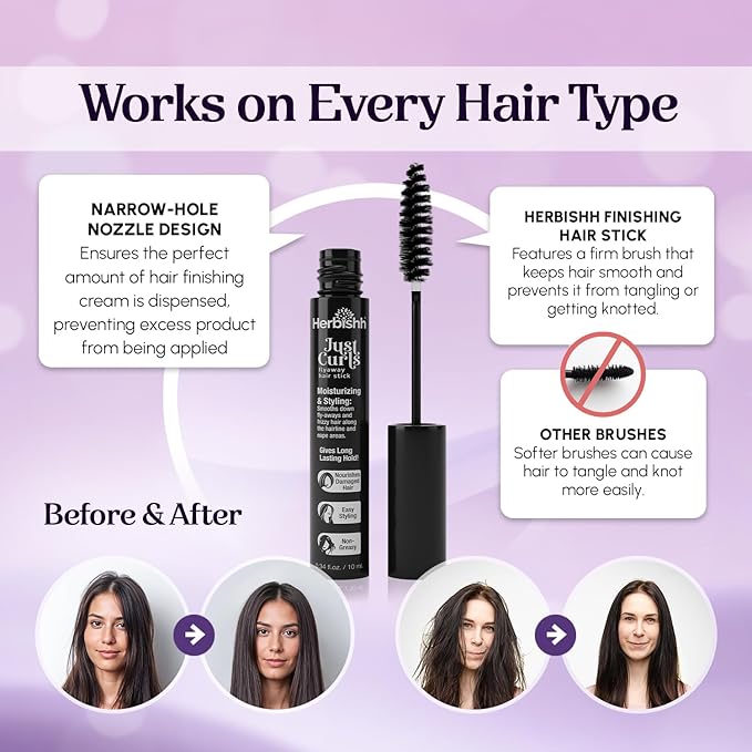 Herbishh Just Curls Flyaway Hair Stick, Quick Hair Finishing Stick for Flyaways, Frizz Control, & Slick Back Look, Non-Greasy Smoothing Serum & Frizz Tamer Wand for Hairline & Nape Areas 0.34 fl.oz