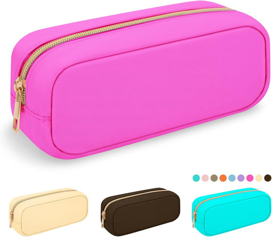 Iqimott Hot Pink Makeup Bag Nylon Small Makeup Bag, Preppy Slim Cosmetic Bag Compact Makeup Brush Pouch Toiletry Bag, Waterproof Zipper Purse Travel Coin Pouch Storage Bag for Women Girls Teens