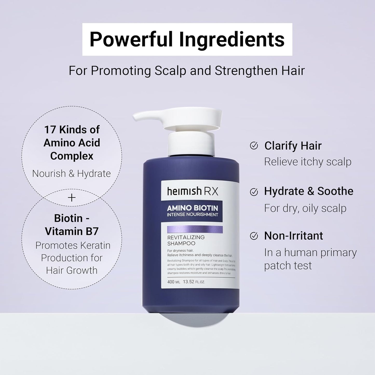 HEIMISH RX Amino Biotin Revitalizing Shampoo - Hair Treatment for Gentle Cleansing, Hydrating, Volumizing, Itchiness Relief, For All Types of Hair & Scalp with Amino Acid, Biotin, 400ml (13.52 fl.oz)