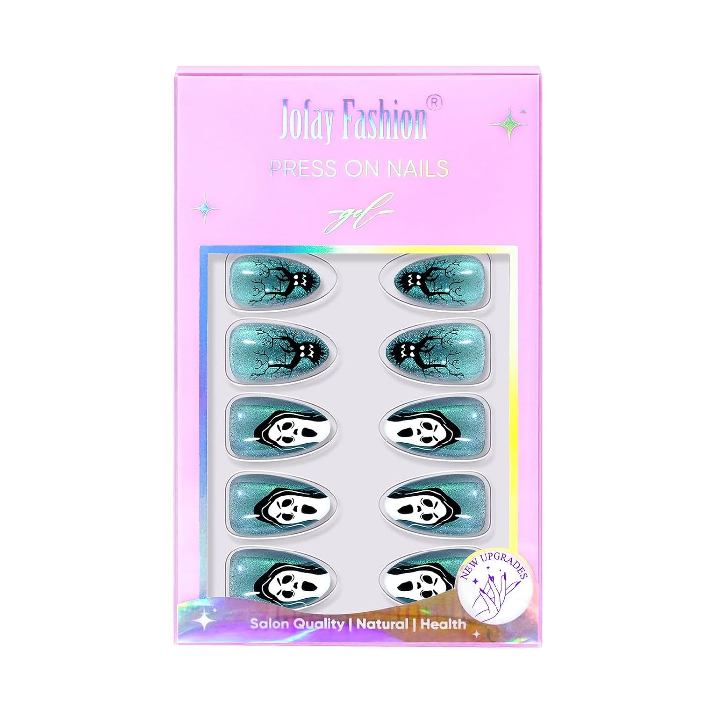 Halloween Press On Nails Short Almond - Haunted Harvest, Green Cat Eye Halloween Nails, Acrylic Square Halloween Fake Nails with Nail Glue, Stick On Nails in 16 Sizes - 32 PCS Soft Gel Kit