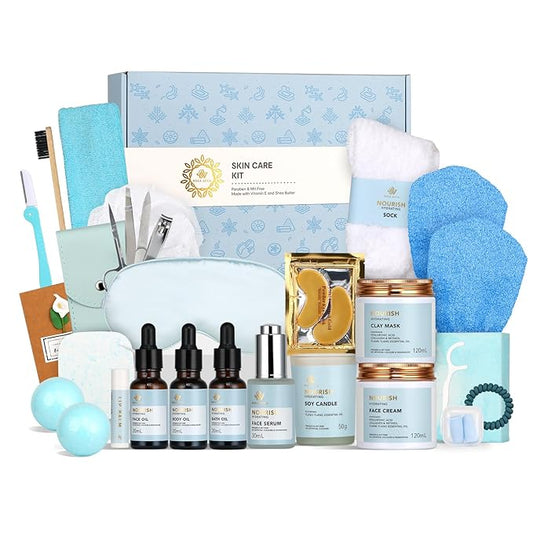 Spa Gift Set, 28pcs Ylang Ylang Facial Skin Care Set includes Face Cream, Bath Oil, Shower Accessories, Clay Mask. Body & Facial Kit for Women & Men, Mother's Day Gift, Birthday, Christmas, Dad