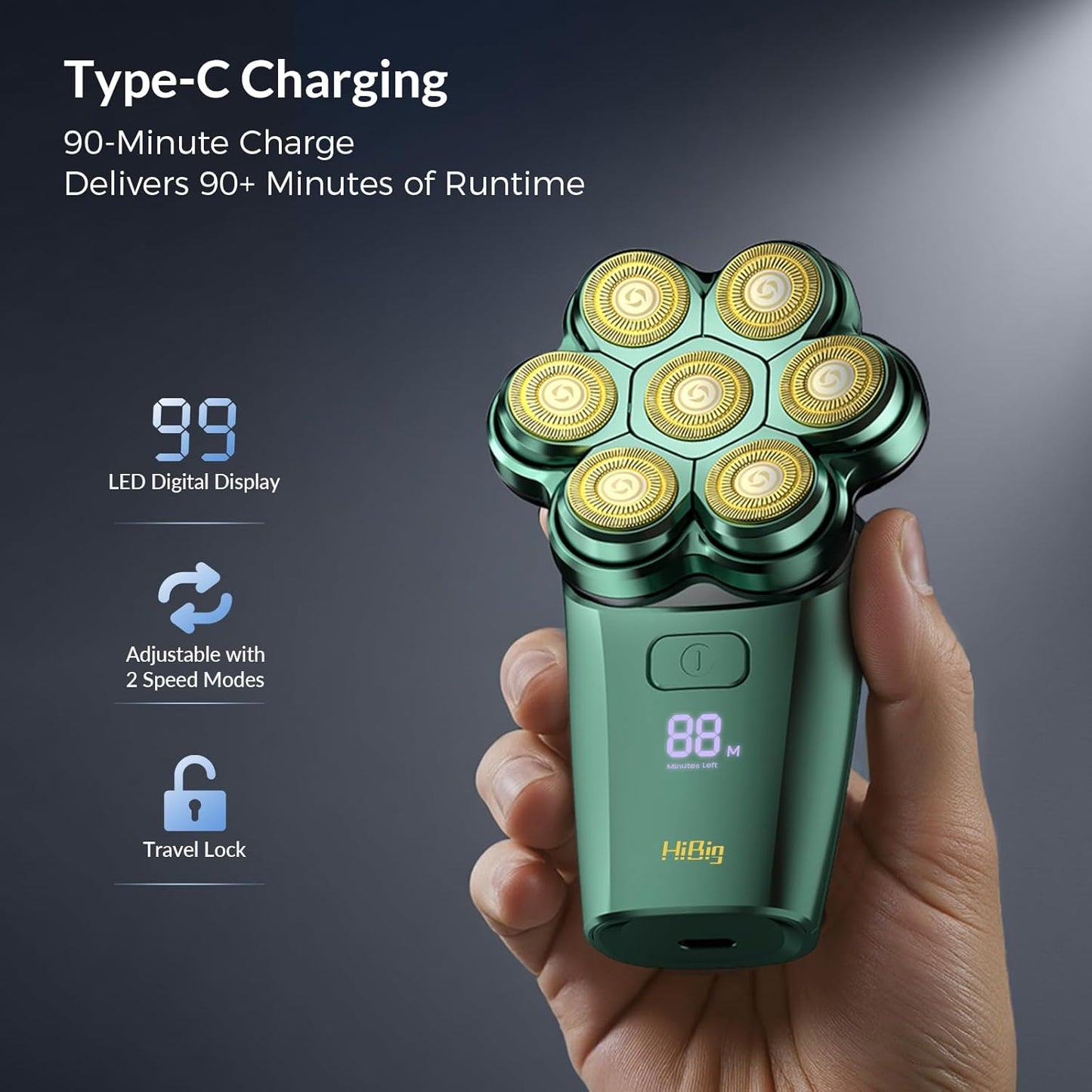 Head Shavers for Bald Men - 7D Arc Magnetic Detachable Electric Razor, Waterproof Wet Dry 5-in-1 Electric Shaving & Grooming Kit, LED Display Rechargeable Head & Body Hair Shaver, Dark Green