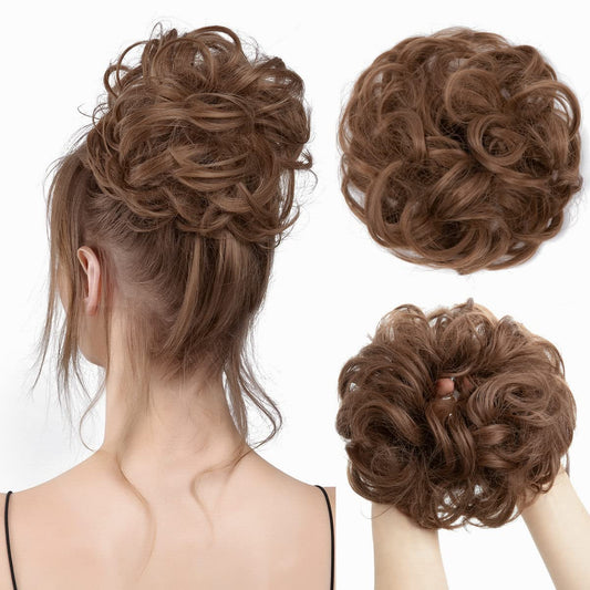CJL HAIR Large Messy Bun Hair Piece Wavy Curly Scrunchies Synthetic Chignon Ponytail Hair Extensions Thick Updo Hairpieces for Women Medium Auburn