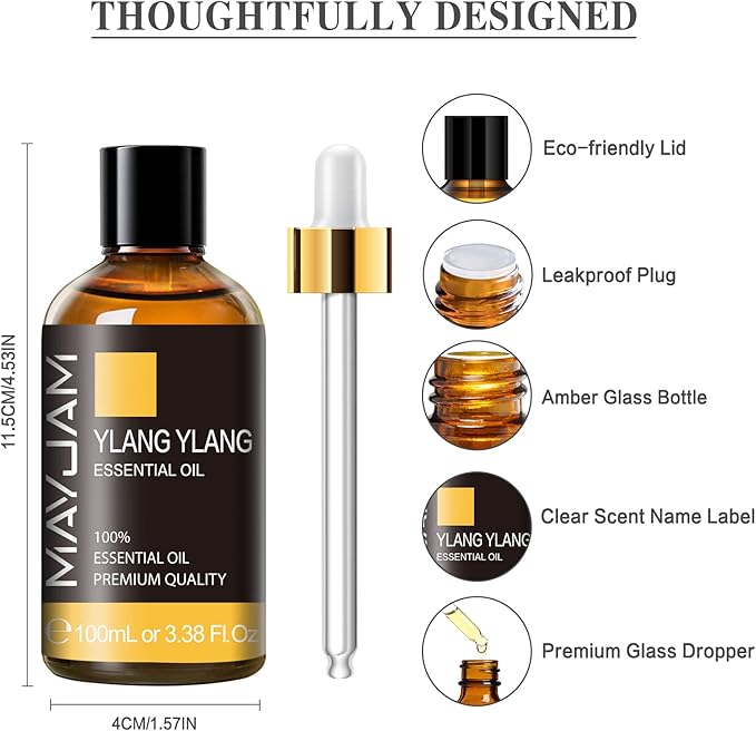 Ylang Ylang Essential Oil, MAYJAM 3.38FL.OZ Premium Quality Essential Oils for Diffusers for Home, 100ML Ylang Ylang Oil Scented Oil, Great for DIY Soap Candle Making