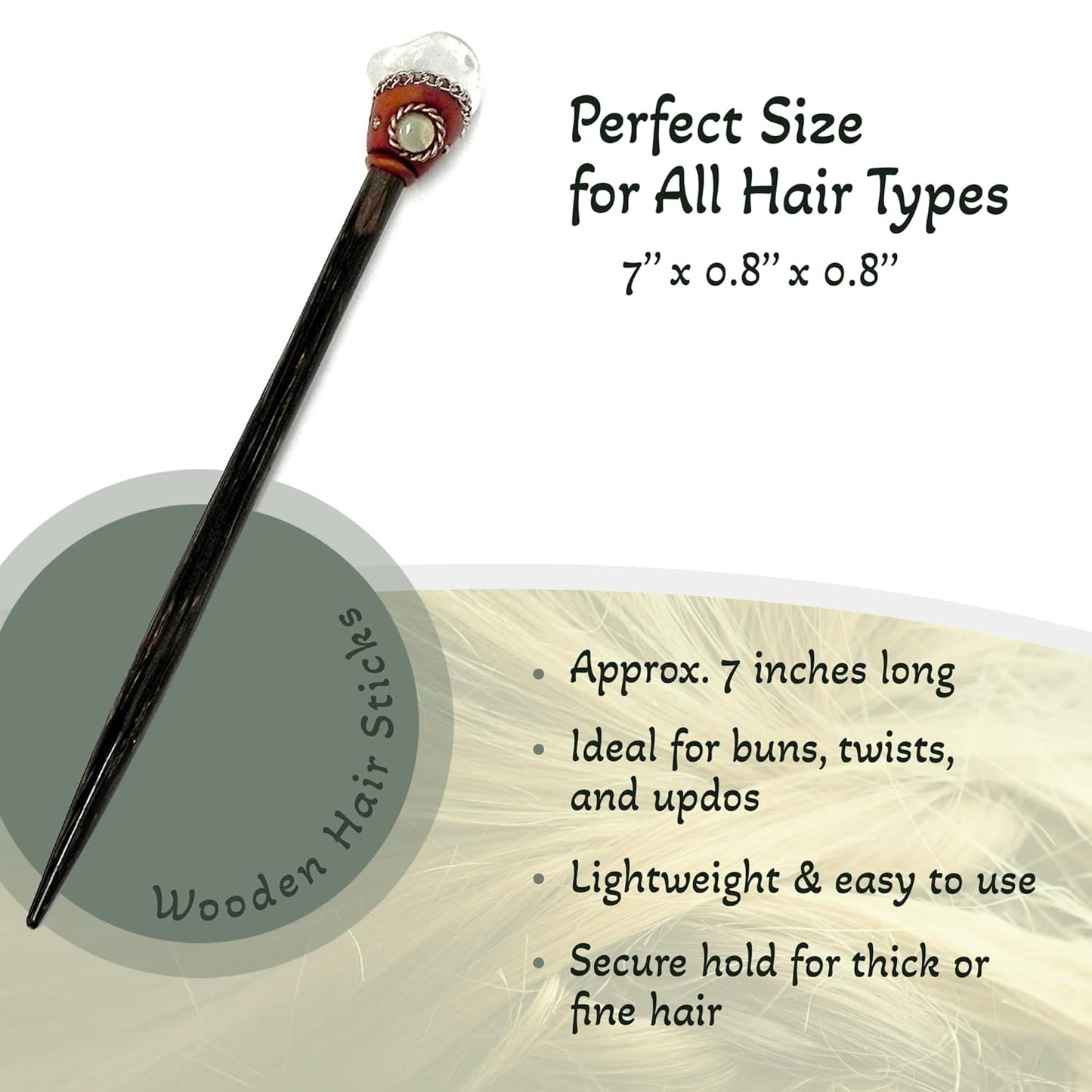 Mia Jewel Shop - Natural Tumbled Healing Gemstone Crystal Chonta Wooden Hair Sticks – Handmade Hair Sticks for Women | Hair Pins Boho Reiki Accessories, Fashion Gifts (Clear Quartz)