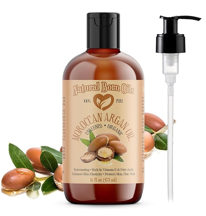 Natural Born Oils Moroccan Argan Oil, 16oz, Organic, Cold-Pressed, Vitamin E & Antioxidants, Deep Skin Hydration, Hair Strengthener