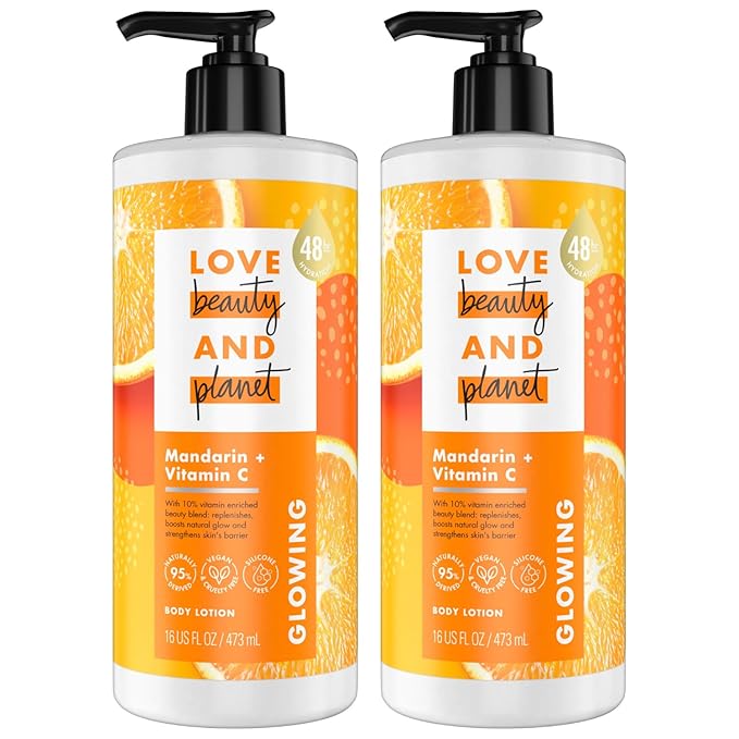 Love Beauty And Planet Lotion - Moisturizing Mandarin + Vitamin C Lotion, Natural Body Lotion for Women, Dry Skin Lotion Scented with Mandarin Orange, 16 Fl Oz (Pack of 2)
